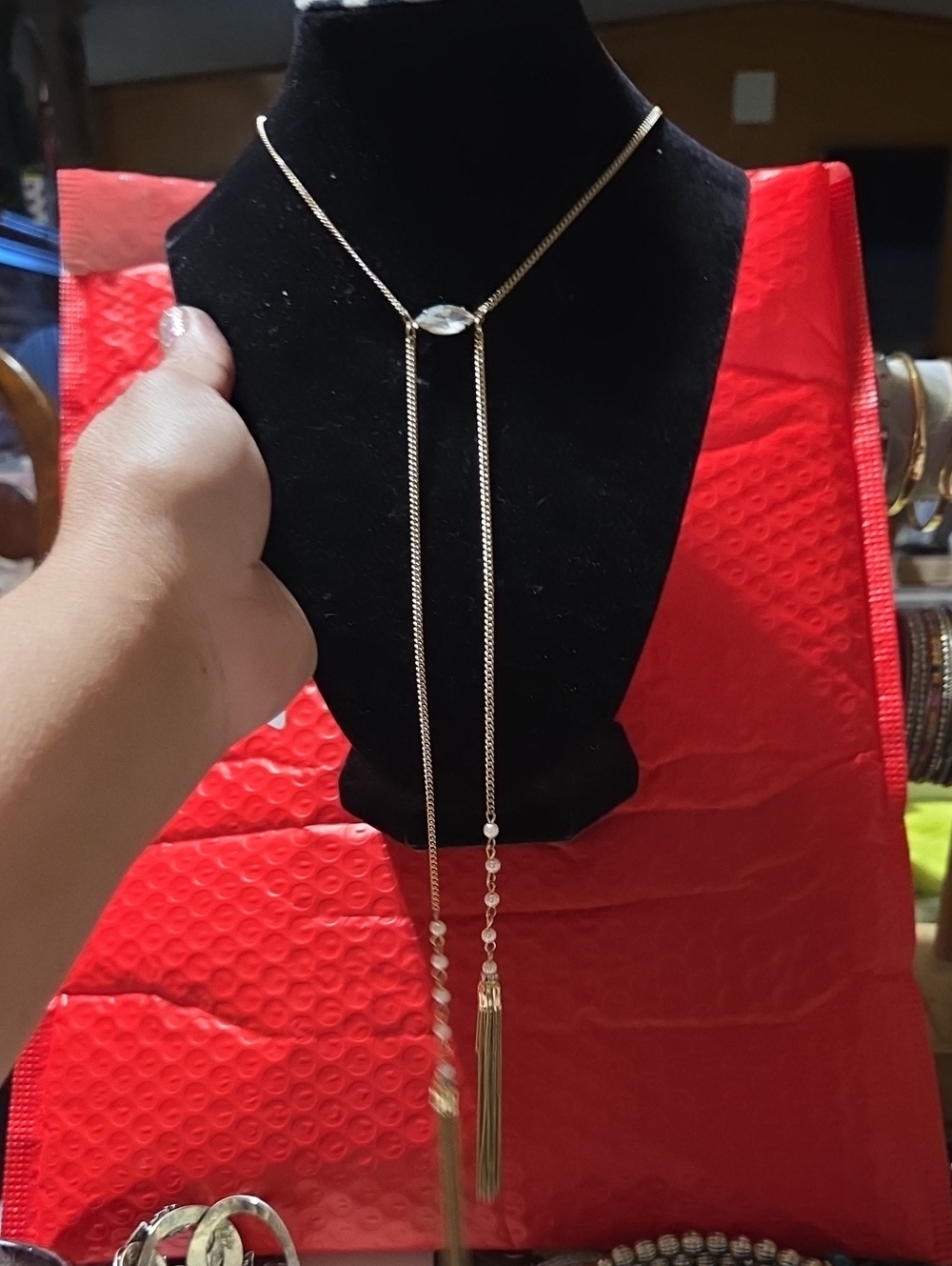1980's Gold Lariat Tassel /Bolo Necklace With Faux Pearls